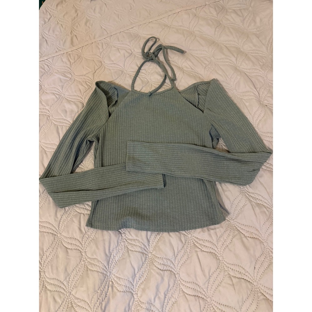 Garage Ribbed Cold Shoulder Halter Long Sleeve Top Sage Green Size Small